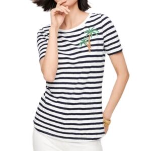 Talbots 100% Cotton Palm Tree Striped Tee Women's Medium Beaded Tropical Beach